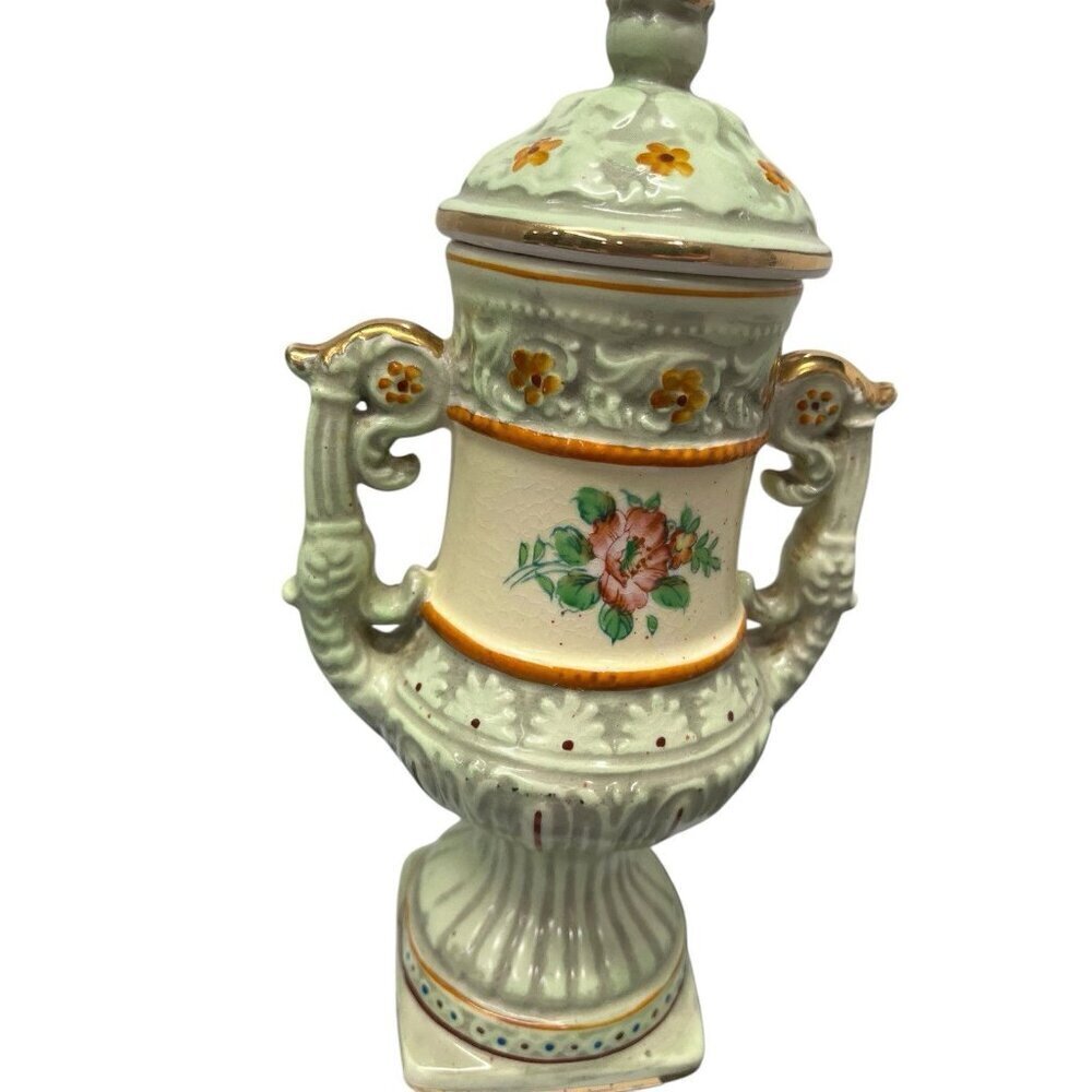 Vintage Hand Painted Japanese Urn & Lid 10" Tall Light Green with Floral Design - Picture 4 of 10